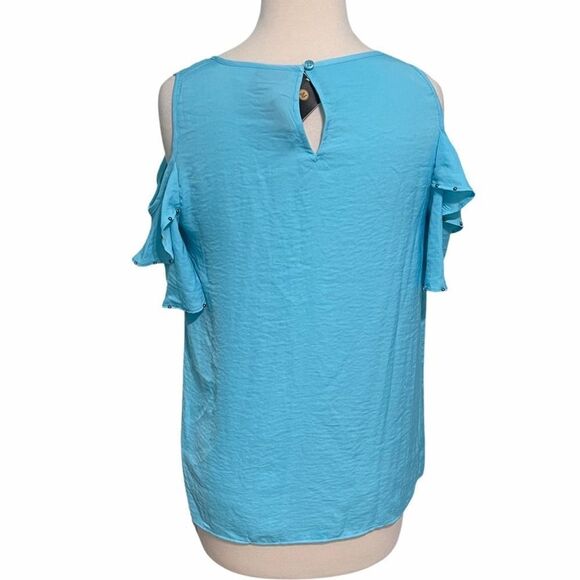 JM Collection Cold Shoulder Studded Top Short Sleeves‎ Ruffles Bright Blue Small - Picture 2 of 12